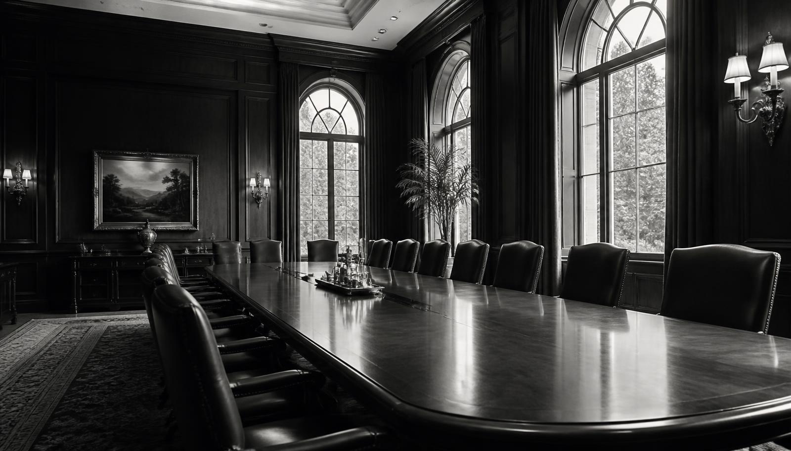 A quiet wood-panelled board room in black and white
